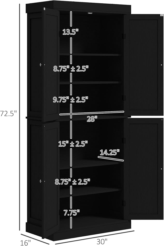 HOMCOM 72.5" Freestanding Kitchen Pantry Cabinet, Tall Storage Cabinet with 4 Doors and 2 Adjustable Shelves for Dining Room, Black Wood Grain