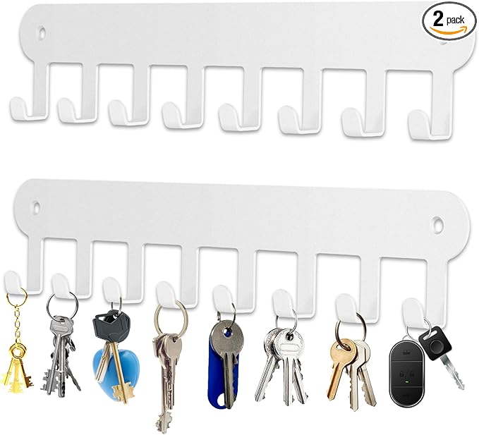 2 Pack Key Holder Wall Mount, Wall Mount Key Holder, Key Hooks Hanging Keys, Key Hanger with 8 Hooks, No-Drill Decorative White Key Rack for Living Room, Kitchen, or Bathroom
