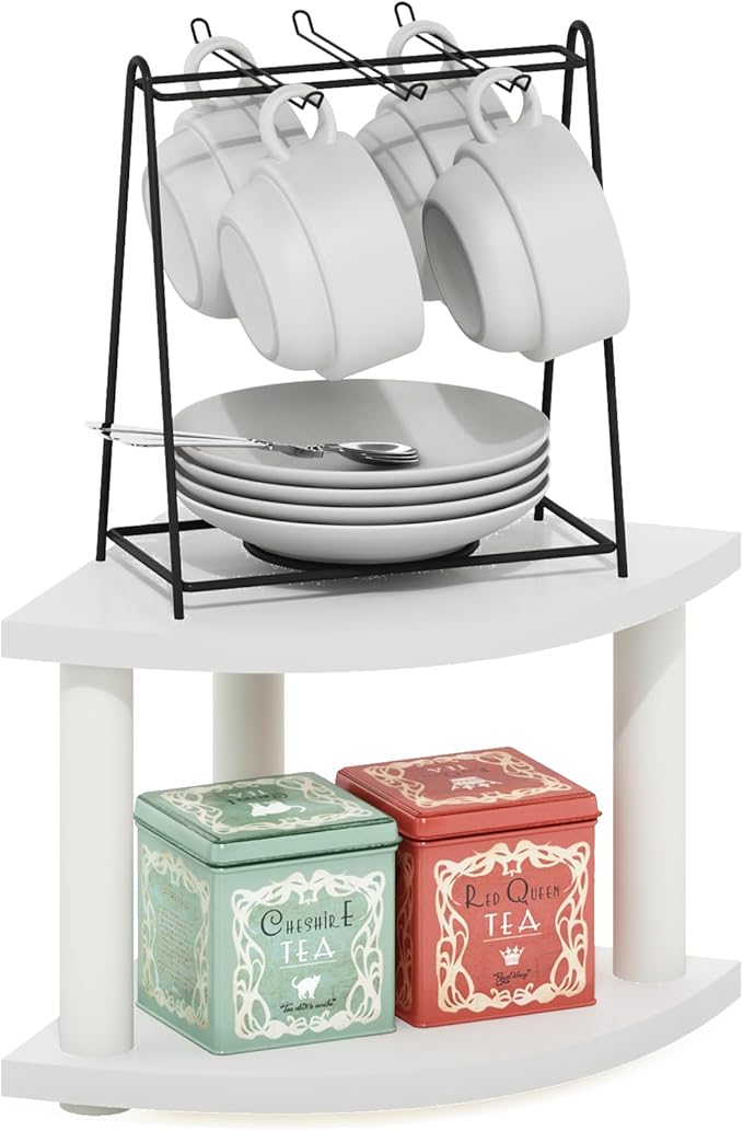 Furinno Turn-N-Tube Kitchen Countertop Organizer, 2-Tier Corner Countertop Organizer Shelf, Corner Shelf, for Kitchen, Pantry, Organizers and Storage, White