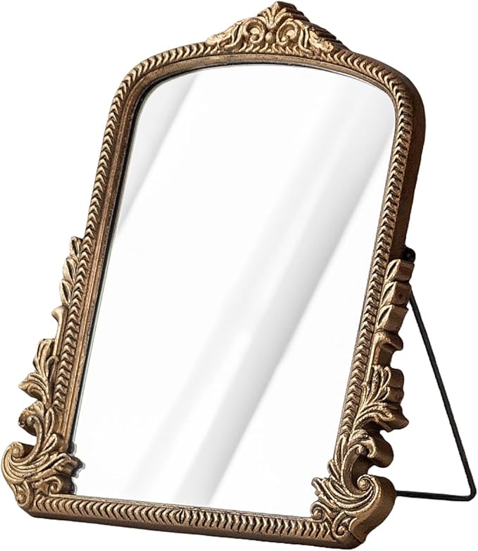Small Antique Gold Arched Table Mirror - Vintage Vanity Makeup Mirror, Traditional Baroque Style Decor for Bedroom, Living Room, Tabletop 11.8" x 9.6"