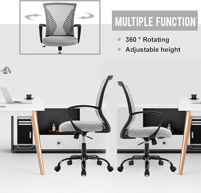 Office Chair Ergonomic Desk Chair Mesh Computer Chair with Lumbar Support Armrest Mid Back Rolling Swivel Task Adjustable Chair for Women Adults, Grey
