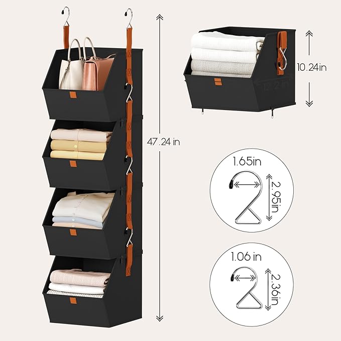 Hanging Closet Organizer 4 Tier - Clothes Hanging Shelves, Space-Saving Closet System, Fabric Storage Bins Bedroom Organization, Collapsible Baskets for Home, Dorm, Rv, Black