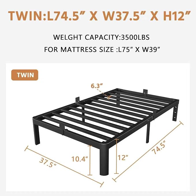 Black Twin Bed Frames 12 Inch, Metal Bed Frame Twin Size No Box Spring Needed, DIY Headboard Holes, Heavy Duty Steel Support 3500 LBS, Noiseless, Round Corner Leg, Storage Space, Easy Assembly