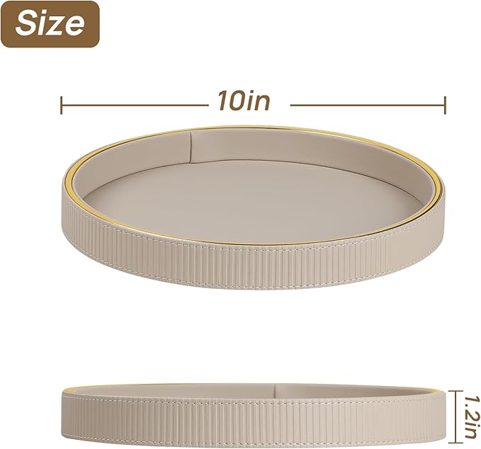 Round Decorative Tray for Coffee Table Decor, PU Leather Coffee Table Tray Golden Trim for Home Decor Living Room Dining Table, Perfume Trays Nightstand Organizer (Beige)