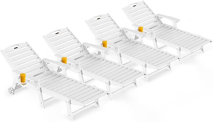 Outdoor Lounge Chair Set of 4, All Weather Patio Chaise Lounge Chairs for Outside, HDPE Chair with Rolling Wheels & Cup Holder, 5 Position, Deck, Pool, White