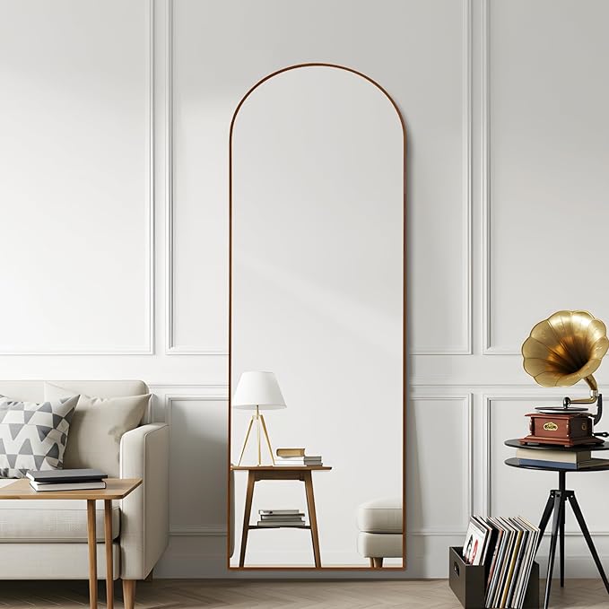 Arched 19x57 Inch Full Length Mirrors Aluminium Frame in Retro Reddish Brown Wood Looking Free Standing Floor Mirror Full Body Wall Mounted for Bedroom Living Room and Hallway