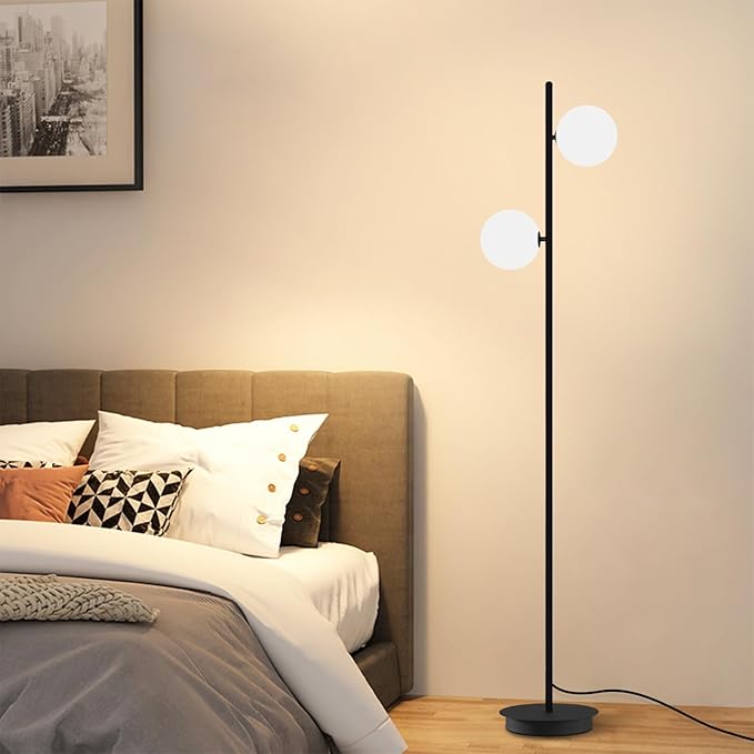 Black Floor Lamp 2-Light Modern White Frosted Glass Freestanding Lamp Mid Century Globe Floor Lamps for Vintage Standing Pole Lamp for Bedroom Living Room Hotel