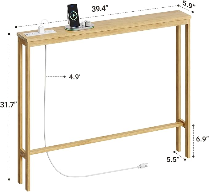ELYKEN 5.9" Narrow Console Sofa Table with Power Outlets, 5.9" Dx39.4 Wx31.1 H Bamboo Behind Couch Table with Charge Station, Natural
