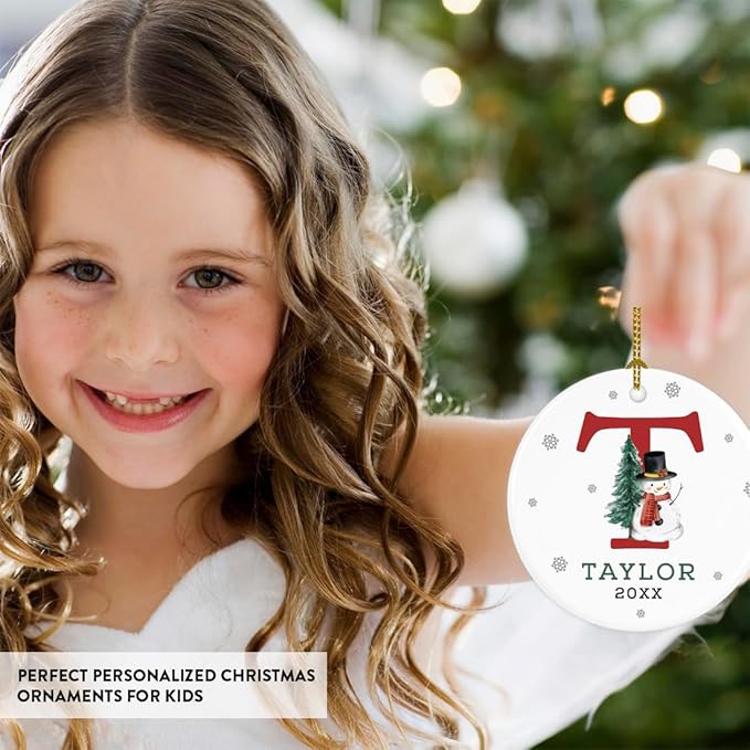 Andaz Press Personalized Christmas Ornament, Custom Name, Initial T Monogram Snowman 2.8" Ceramic Porcelain 2025 Christmas Ornament Keepsake for Kids, Boys, Girls Initial Ornament 1-Pack