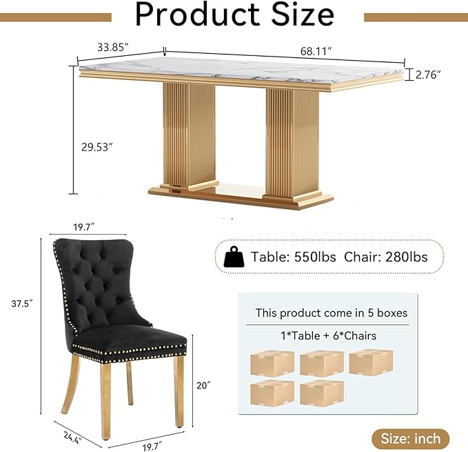 68" Faux Marble Dining Table Set for 6, 7-Piece Dining Set with White Gold Kitchen Table and 6 Velvet Tufted Chairs, Modern Rectangular Dining Room Tables with Column-Shape Stainless Steel Base
