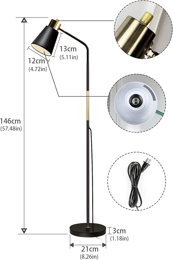 Floor Lamp, Dimmable Floor Lamps for Living Rooms & Bedrooms, Farmhouse Reading Lamp - Standing, Adjustable Metal Heads Indoor Task Lighting for Living Room Bedroom Office (Dimmable Black)