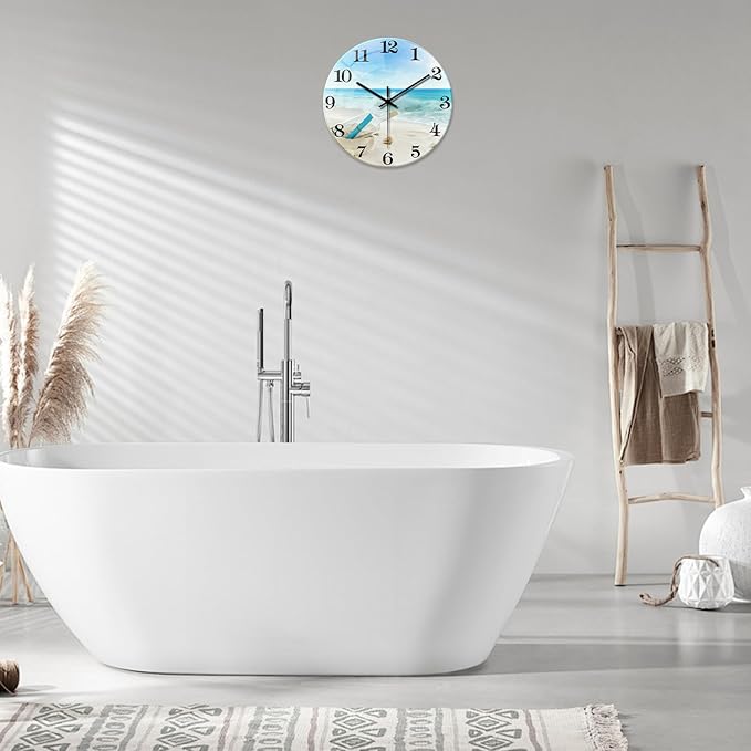 XNM Round Beach Blue Wall Clock for Bedroom Glass Small Wall Clocks Battery Operated 12 Inch Farmhouse Clocks for Walls