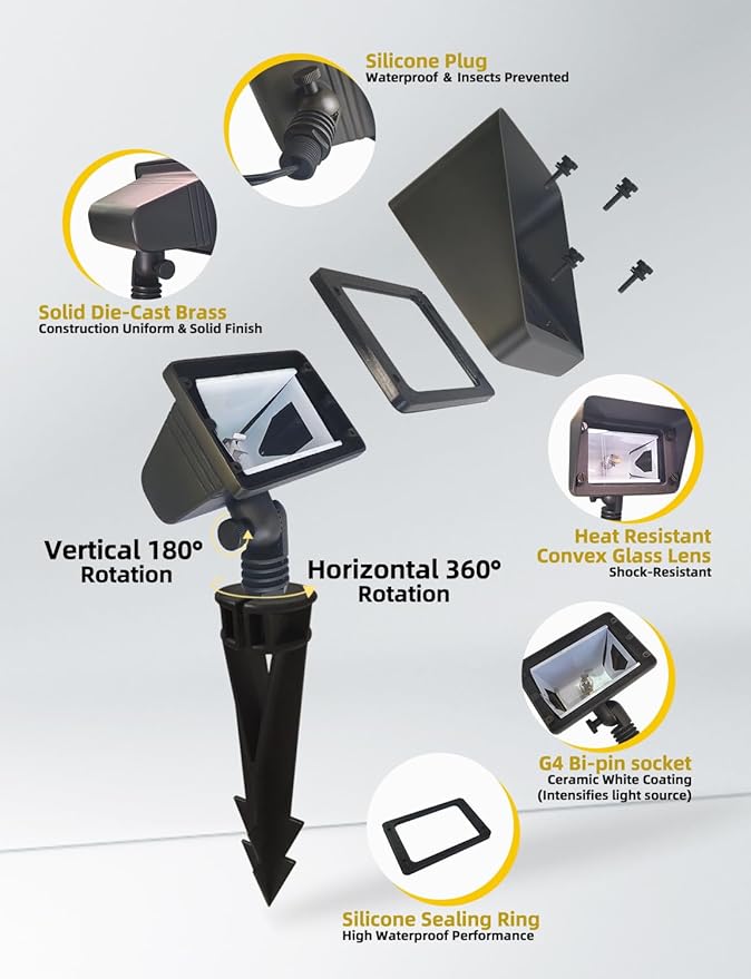 COLOER Brass Rectangular Flood Lights 6-Pack Without Blub, 12V Low Voltage Landscape Floodlights for Outside, Outdoor Wall Lights Illuminating Signs, Walls and Plant Material