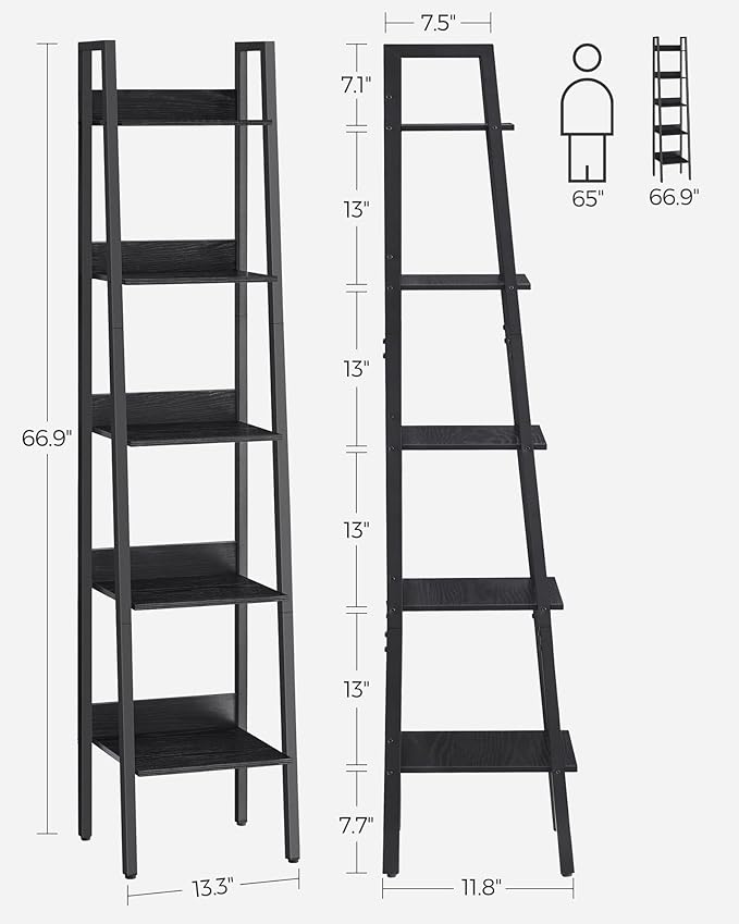 VASAGLE Bookshelf, 5-Tier Narrow Book Shelf, 11.8 x 13.3 x 66.9 Inches, Ladder Shelf for Home Office, Living Room, Bedroom, Kitchen, Ebony Black and Ink Black ULLS109B56