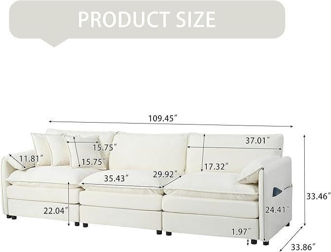 109.45" Oversized Extra Deep Seat Modern Chenille Cloud Couch, Large 3 Seater Modular Sofa for Living Room Bedroom Apartment Office (White, 109.45 Inch)