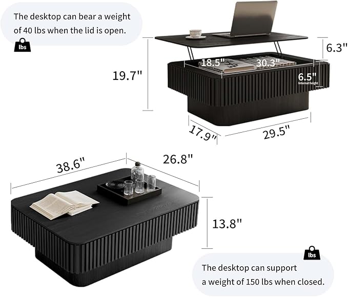 38.6" Lift Top Coffee Table with Storage, Fluted Coffee Table with Solid Wood Veneered, Mid Century Modern Wooden Center Table, Accent Tea Table for Living Room Apartment, Black