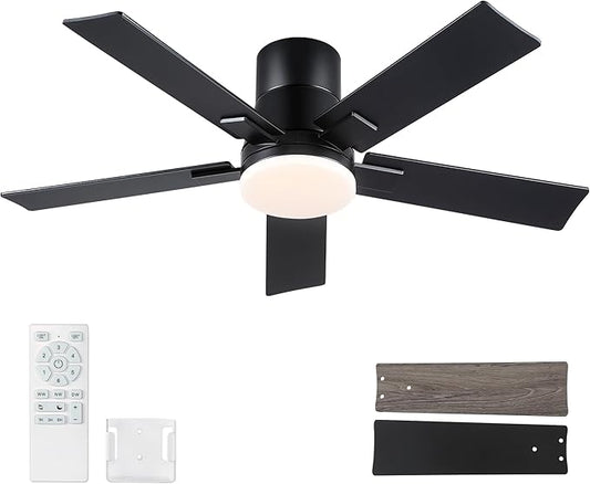Rayqueen 42 Inch Ceiling Fans with Lights and Remote, Flush Mount Black Ceiling Fan, 6 Speed Reversible DC Motor, 3CCT Dimmable LED-Low Profile Design for Bedroom, Living room & Covered Outdoor