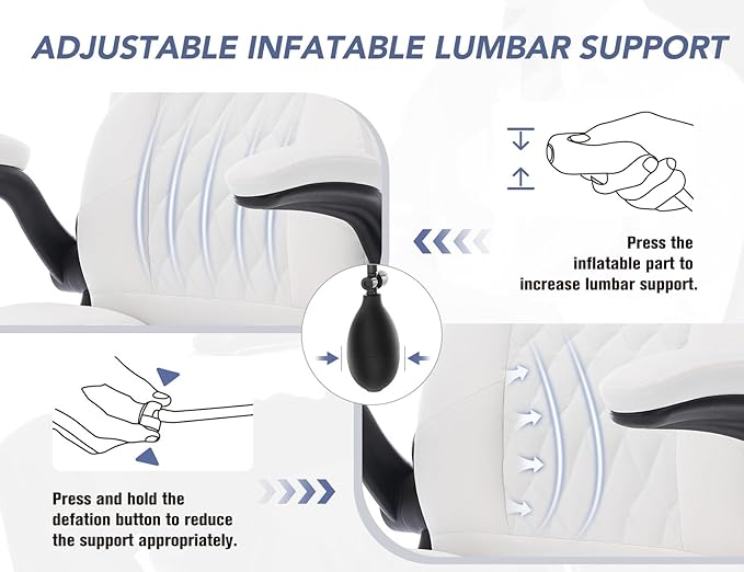 Office Chair with Adjustable Lumbar Support,Leather Ergonomic Computer Desk Chair with Flip-up Arms,Adjustable Tilt Lock,Swivel Rolling Executive PC Chair for Work, Study,Meeting,Small Space.White