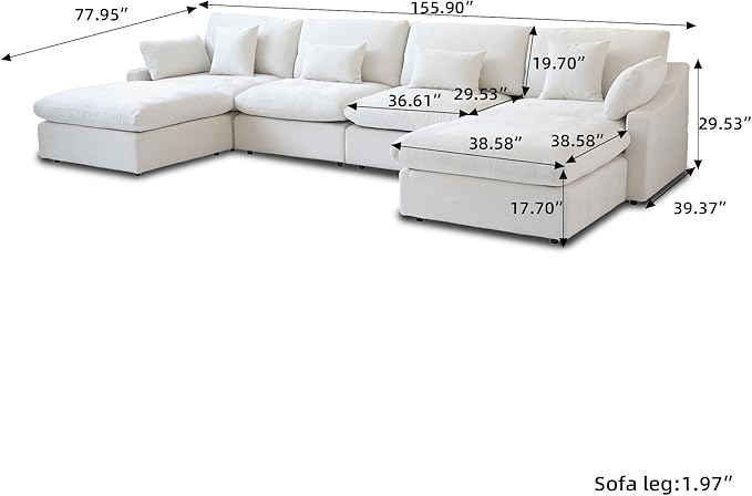 WJShome Cloud Couch Modular Sectional for Living Room, Down Filled 160" U Shaped Couch with Ottoman,Modern 6 Seater Convertible Couches, Sofa Covers Washable&Replaceable,White