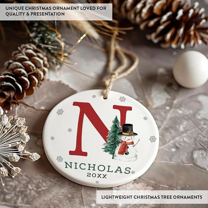 Andaz Press Personalized Ornament, Custom Name, Initial N Monogram Snowman 2.8" Ceramic Porcelain 2025 Christmas Ornament Keepsake for Kids, Boys, Girls, Includes Gold Ribbon & Gift Box, 1-Pack
