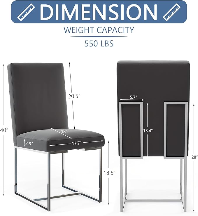 AUZ Dining Chairs, Mid-Century Modern Upholstered Chairs, Gray Faux Leather Dining Room Chairs Set of 2 with Silver Sled Legs