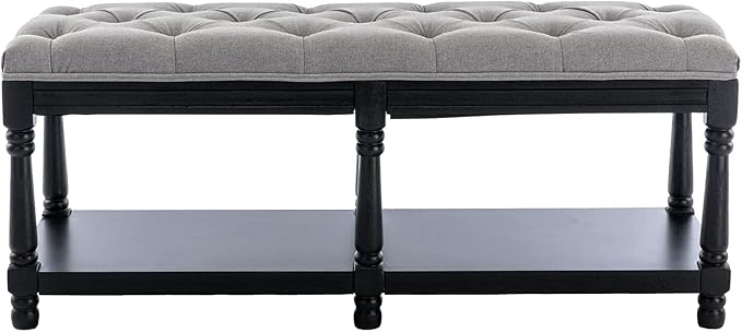 Kmax Storage Entryway Bench Tufted Shoe Rack Bench Black Wood Window Bench for Hallway Entrance Bedroom Corner, Grey