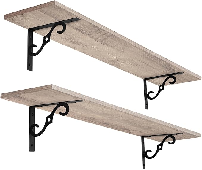 DINZI LVJ Long Wall Shelves, 31.5" Large Floating Shelves Set of 2, Farmhouse Display Shelf Wall Mounted with Heavy Duty Brackets, Easy Assembly for Kitchen, Bathroom, Bedroom, Balcony, Greige