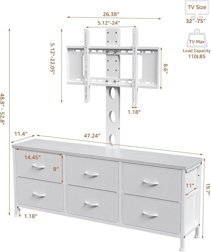 TV Stand with Mount, Fabric Dresser with 6 Drawers for 32/45/55/60/65/75 inch TVs, White Dresser Entertainment Center, Modern Media TV Console Table