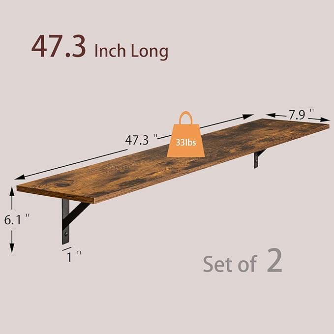 DINZI LVJ Long Wall Shelves, 47.3Inch Floating Shelves Set of 2, Extra Large Wall Storage Ledges with Sturdy Metal Brackets for Living Room, Bathroom, Bedroom, Kitchen, Rustic Brown