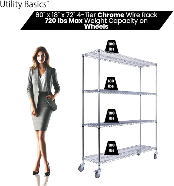 NSF Commercial 4-Tier Wire Shelving with Wheels, 60"x18"x72" Heavy Duty Metal Shelves 3200 lbs Max Capacity, Chrome Storage Rack for Garage Kitchen Pantry Warehouse