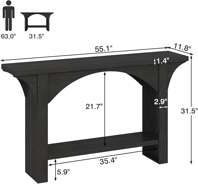 55 Inches Console Table,2 Tier Farmhouse Entryway Table,Narrow Wood Accent Tables with Storage Shelves for Living Room,Entrance,Hallway,Foyer (Black)