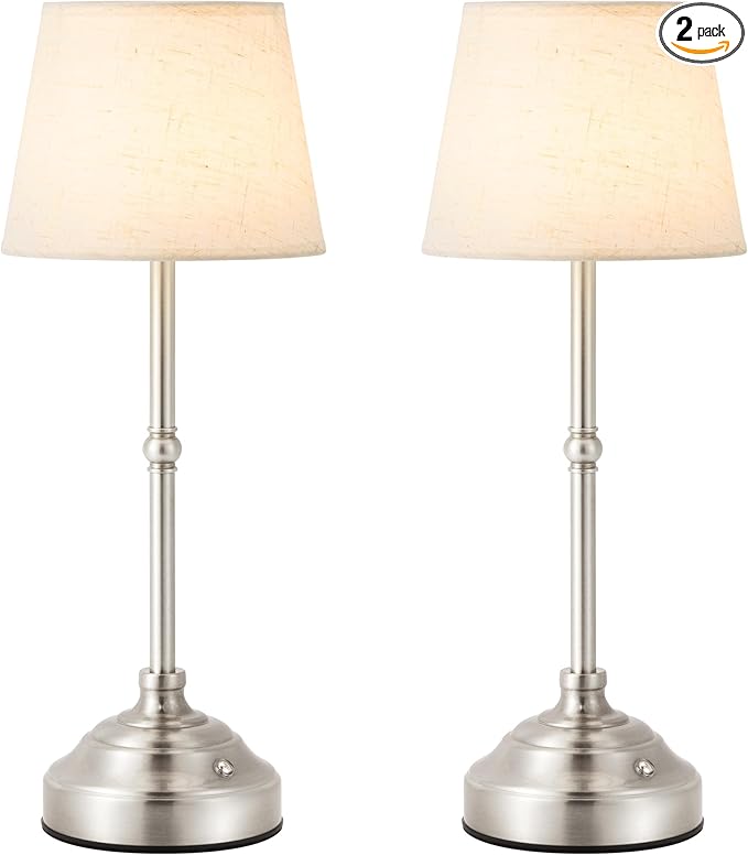 2 Pack Cordless Table Lamp, Rechargeable Desk Lamp with Fabric Shade, Battery Operated Lamp 3 Color Stepless Dimming, Small Touch Bedside Lamp Home Decor for Dining, Counter (Brushed Sliver)