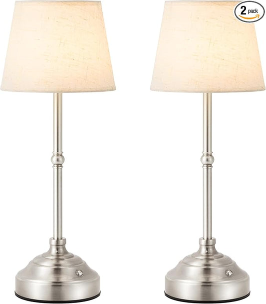 2 Pack Cordless Table Lamp, Rechargeable Desk Lamp with Fabric Shade, Battery Operated Lamp 3 Color Stepless Dimming, Small Touch Bedside Lamp Home Decor for Dining, Counter (Brushed Sliver)