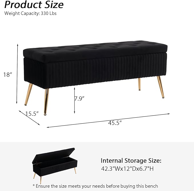 Velvet Storage Bench for Bedroom, Rectangle Upholstered End of Bed Bench Modern Tufted Ottoman with Gold Legs for Living Room/Window/Entryway (Black-45.5" W)