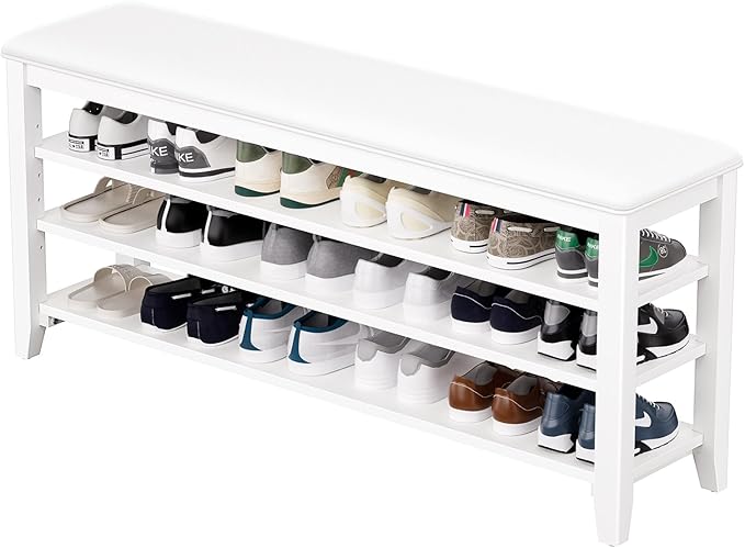 Shoe Bench Storage Rubberwood with Leather Cushion for Entryway Bench Ideal for Hallways Shoe Rack Front Doors Entrances Mudrooms Featuring 3 Height-Adjustable and Removable Shelves