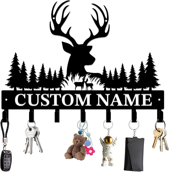 Personalized Custom Name Forest Deer Wall Keys Hooks,Metal Forest Deer Art Clothes Hooks,Metal Forest Deer Wall Home Storage Decorative,For Front Door, Hallway, Kitchen, Bedroom,Keys,Hats (Style A)