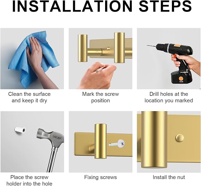 VAEHOLD Hat and Coat Wall Mount Rack - Hooks for Robes, Bags, Keys, and Towels - Bathroom Towel Hanger Organizer (Gold, “T“ Shape 3 Hooks 1 Pack)