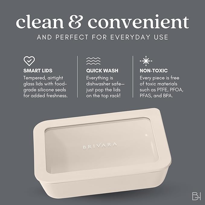 Ceramic Coated Glass Food Storage Container | No PTFE, PFOA, PFAS, and BPA | Reusable Non Toxic Meal Prep Container with Glass Lid | Easy To Store | 5 Cup Square [Crema]