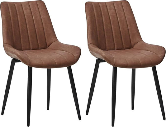 Dining Chairs Set of 2, Faux Leather Modern Linear Design Dining Chair with Metal Legs, 16.9" Seat Width Chair for Kitchen, Lounge, Reception Room, Restaurant, Commercial (Brown)