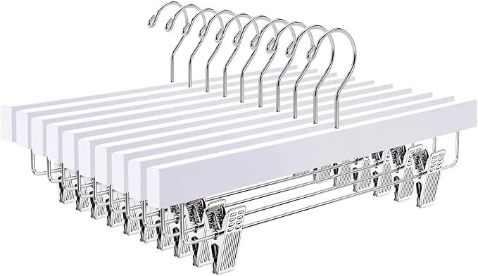 Amber Home 10 Pack White Wooden Pants Hangers with 2-Adjustable Clips for Jeans, Slacks, Shorts