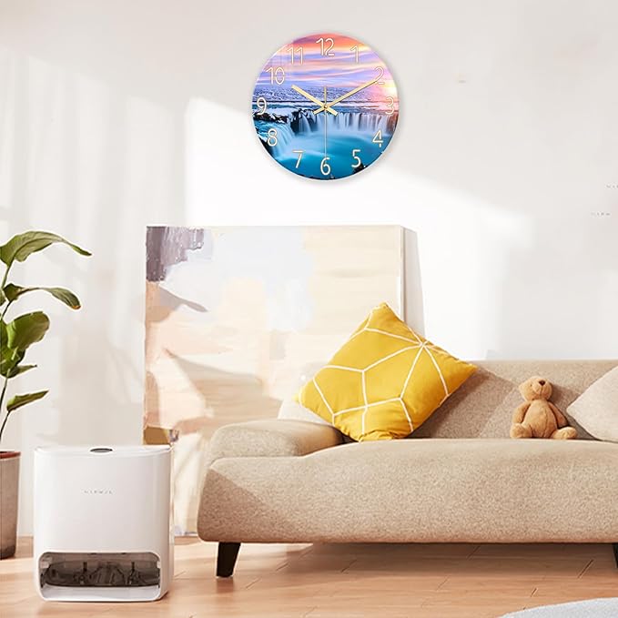 XNM Landscape Blue Beach Wall Clock for Bedroom Living Room 14 Inch Glass Battery Operated Clocks for Wall Analog Wall Clock Silent Non Ticking