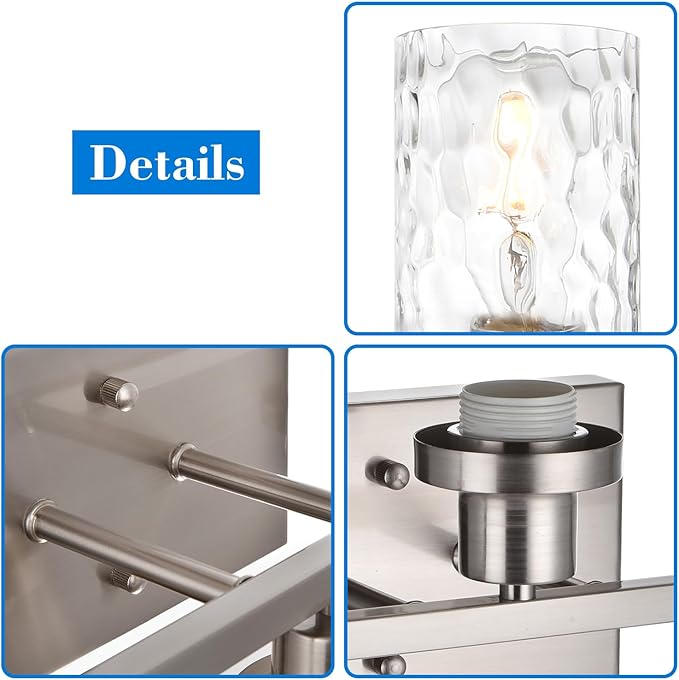 MELUCEE Indoor Wall Sconces Brushed Nickel with Clear Hammered Glass, 2-Light Modern Bathroom Vanity Light Wall Mount Lamp for Mirror Cabinets Powder Room Dressing Table (Patent No.: US D963914 S)