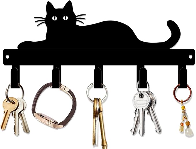 magilab Cat-Themed 10-Inch Iron Key Hooks with 5 Hooks, Black Wall Organizer - Cute Cat Design for Home Decor, No Drill & Screw-in Options (Style L)