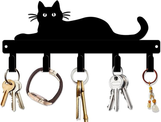 magilab Cat-Themed 10-Inch Iron Key Hooks with 5 Hooks, Black Wall Organizer - Cute Cat Design for Home Decor, No Drill & Screw-in Options (Style L)