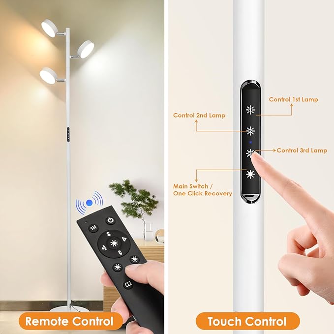 White Floor Lamp with Remote Tall Standing Lamps 30W LED Tree Floor Lamp with 3 Adjustable Heads Touch Control Timer 4 Color Temperatures Light Lamps for Living Room Office Bedroom Crafting