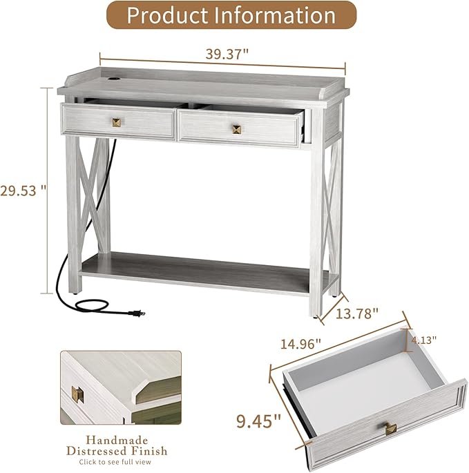 40" Console Table with Drawers, Entryway Table with Charging Station, Mid Century Console Table with Bottom Shelf, Wood Accent Sofa Table for Living Room, Hallway, Foyer, Drawers Pre-Assembled, Grey