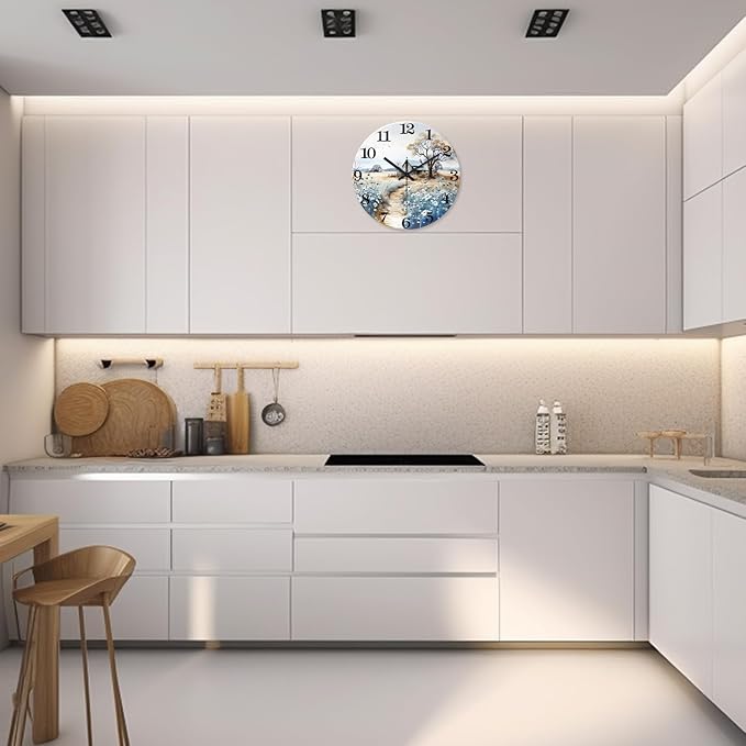 XNM Round Kitchen Wall Clocks Battery Operated 10 Inch Rustic Wall Clock Blue Flower Silent Wall Clock Wood(No Solid Wood, It is with MDF Material)