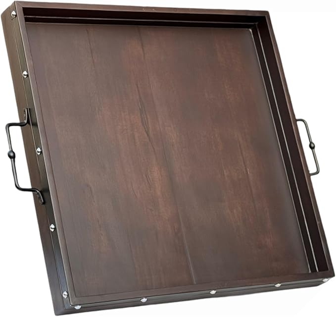 20"x20" Extra Large Square Ottoman Tray, Heavy Duty Mango Wood, for Serving Tea, Breakfast in Bed, Living Room Large Coffee Table Tray Rustic with Farmhouse Style, Decorative Handles and Accent Strap