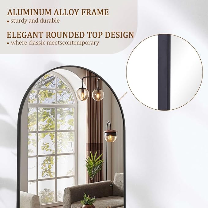 Koonmi Arched Full Length Mirror, 65"x24" Arched Black Floor Mirror, Standing Hanging or Leaning Full Body Mirror with Aluminum Alloy Frame for Living Room and Bedroom