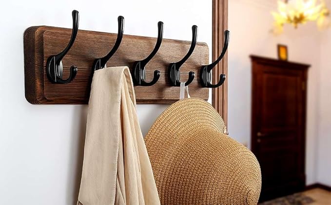 Dseap Wall Mounted Coat Rack: Patented, Heavy-Duty, 17.4" Long 5-Double-Hooks Wooden Hanger Rail for Winter Coats, Hat, Jacket, Clothing - Natural & Black, Pack of 2
